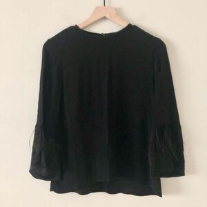 Zara Bell Sleeve Satin Blouse with Feather Accent in Black - Size S